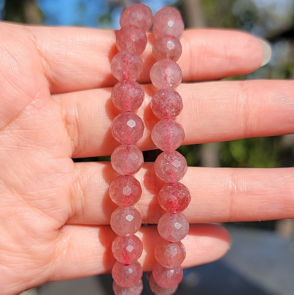 NEW 8MM FACETED STRAWBERRY QUARTZ STRETCH BRACELETS